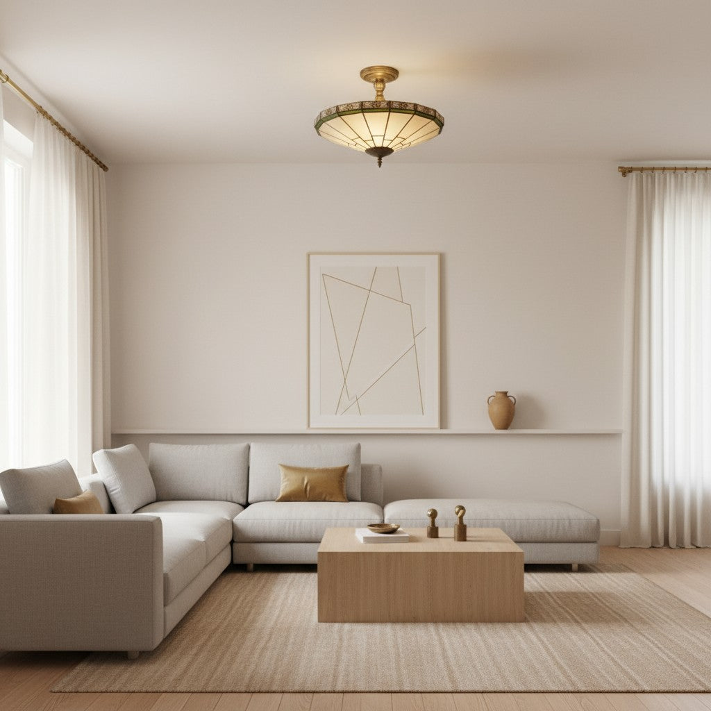 Vintage Tiffany Style Stained Glass Bowl Ceiling Light